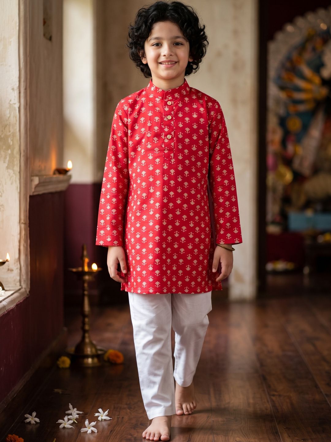 Boys Red Cotton Full sleeves Floral Print Kurta Pyjama Set
