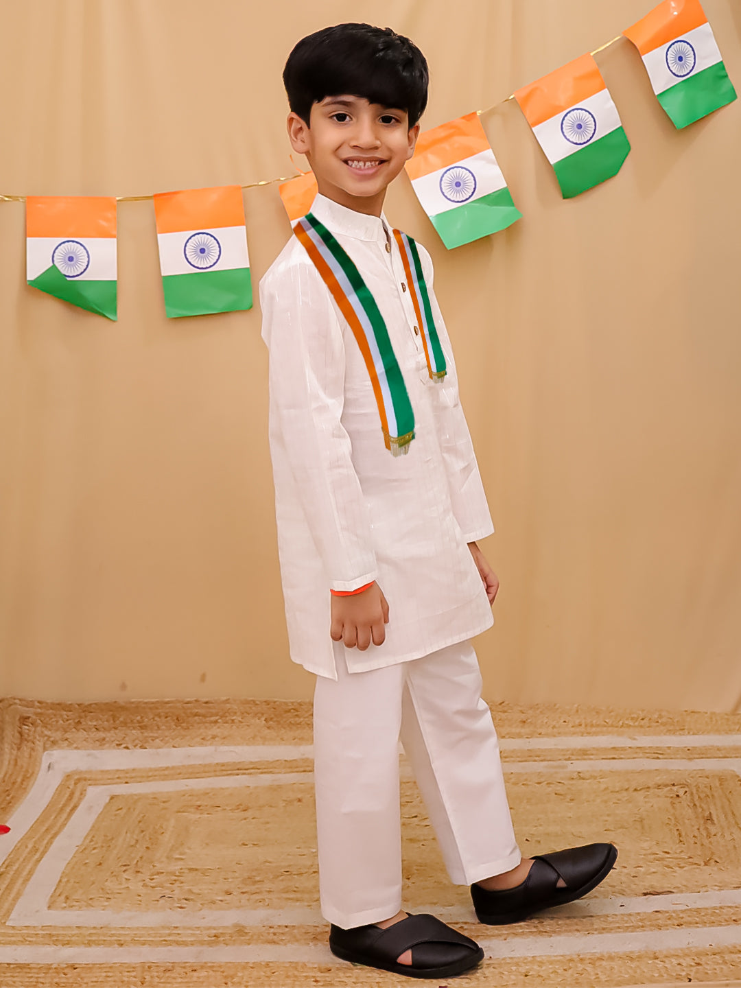 White Cotton Full sleeves Silver Striped Kurta Pyjama Set For Independence/ Republic Day