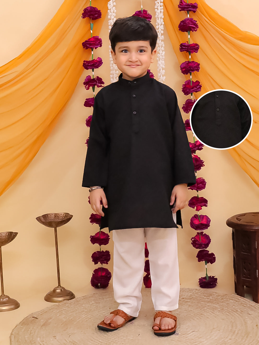 Boys Black Cotton Full sleeves Check Kurta Pyjama Set