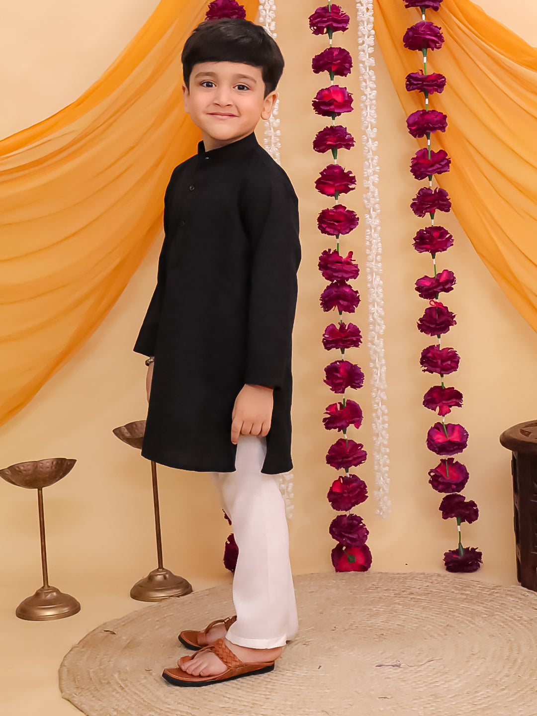 Boys Black Cotton Full sleeves Check Kurta Pyjama Set