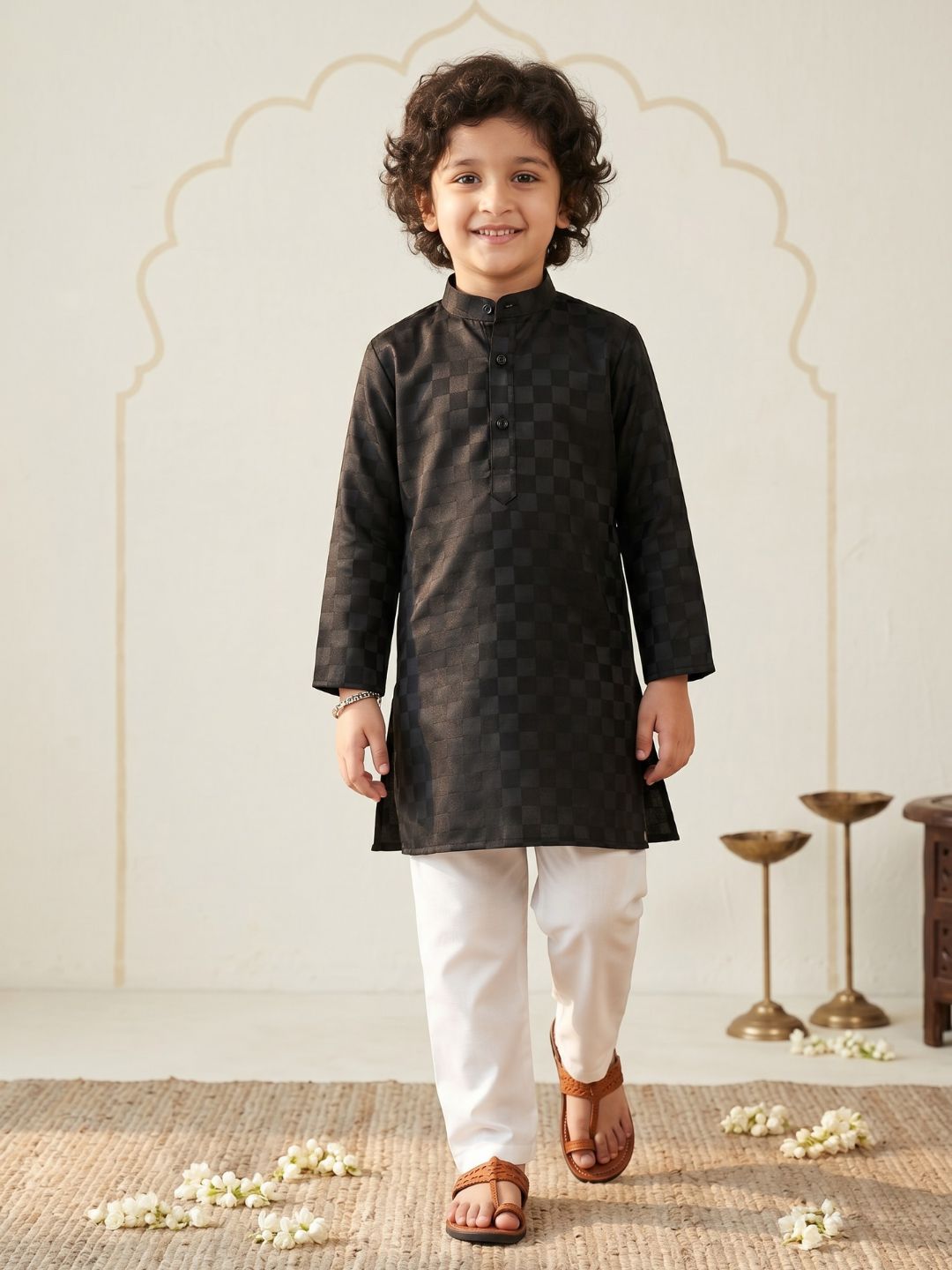 Boys Black Cotton Full sleeves Check Kurta Pyjama Set