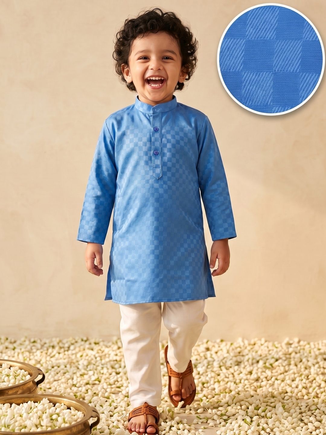 Boys Blue Cotton Full sleeves Check Kurta Pyjama Set
