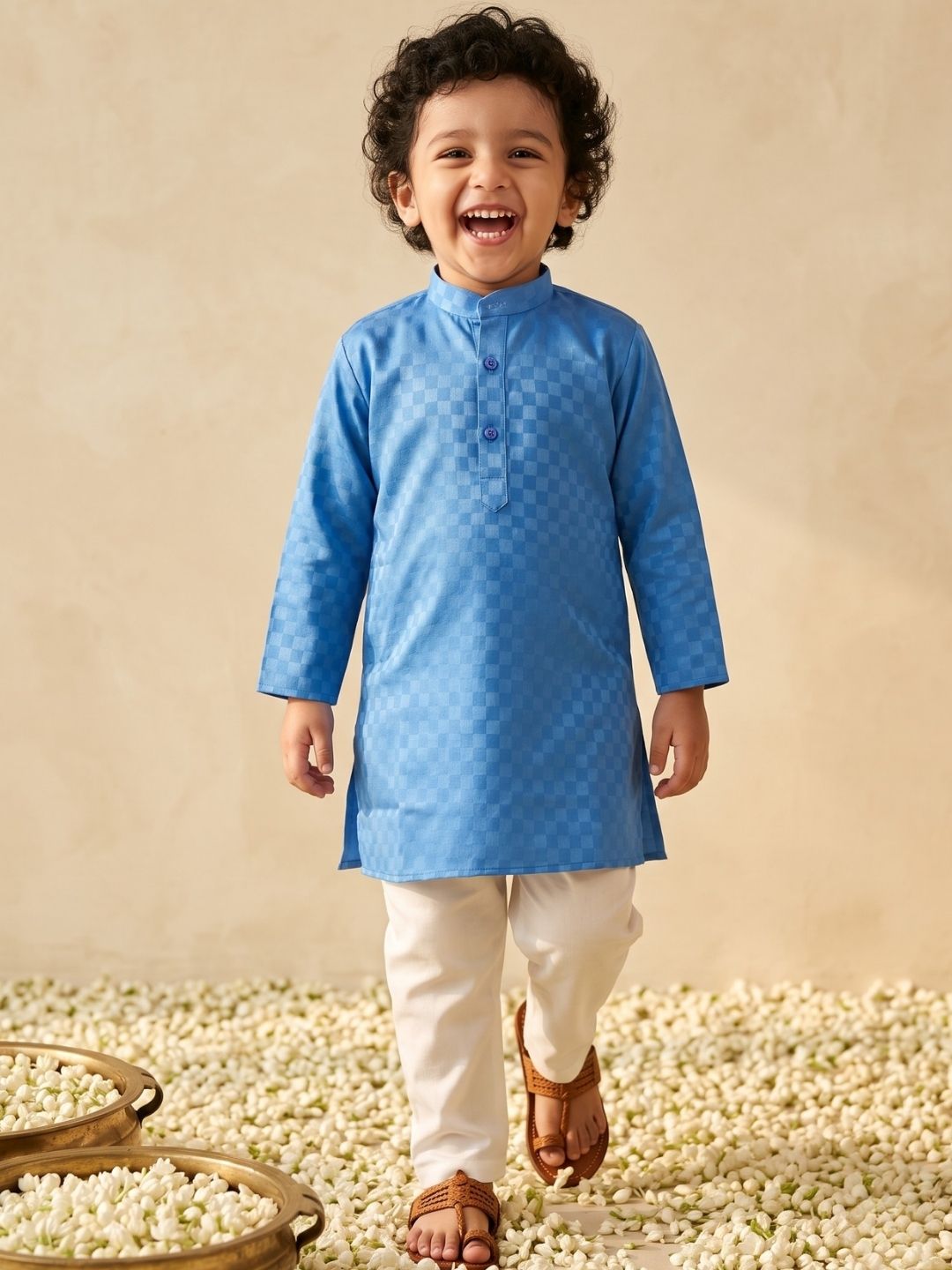 Boys Blue Cotton Full sleeves Check Kurta Pyjama Set
