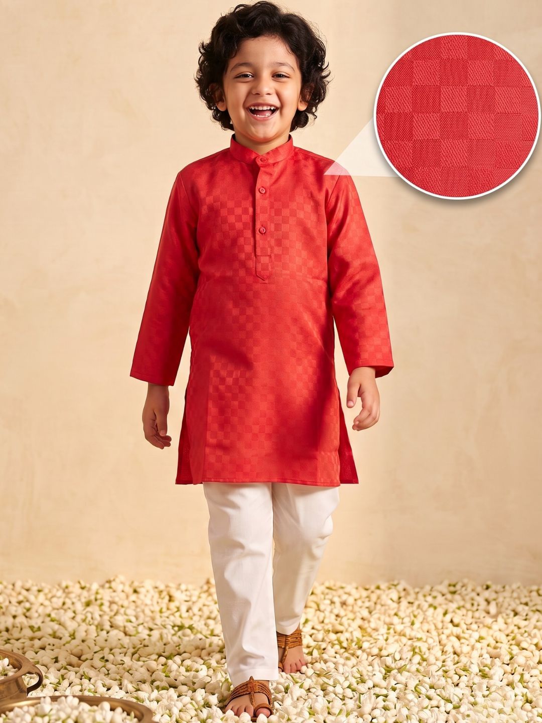 Boys Dark Orange Cotton Full sleeves Check Kurta Pyjama Set