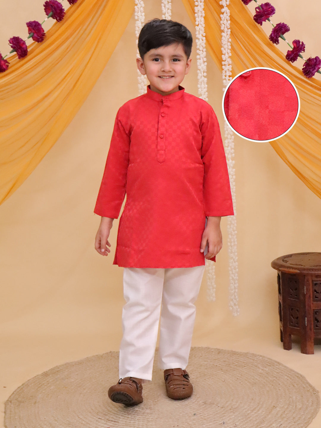 Boys Dark Orange Cotton Full sleeves Check Kurta Pyjama Set