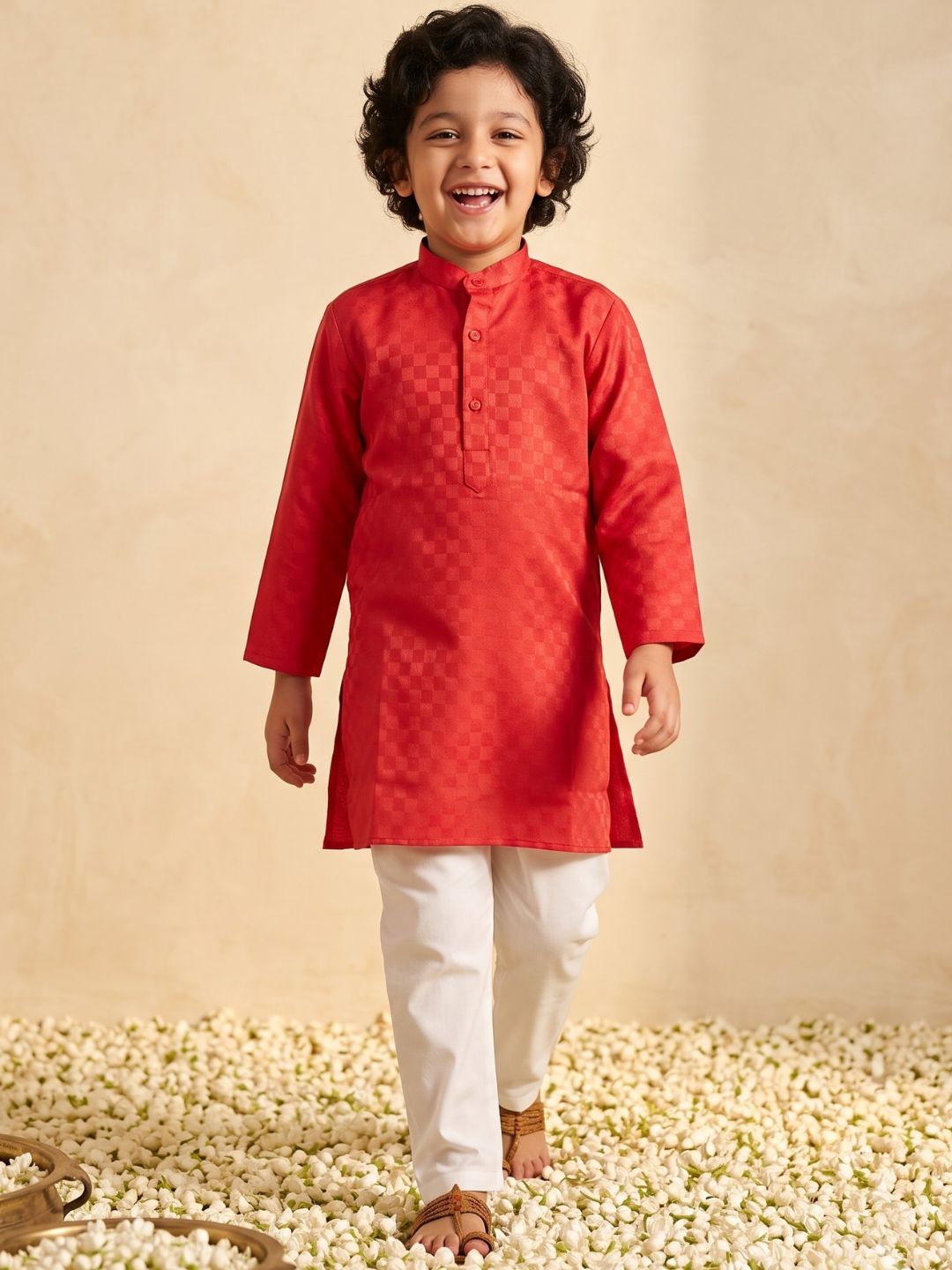 Boys Dark Orange Cotton Full sleeves Check Kurta Pyjama Set