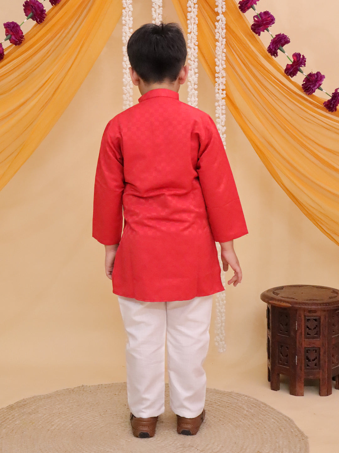 Boys Dark Orange Cotton Full sleeves Check Kurta Pyjama Set