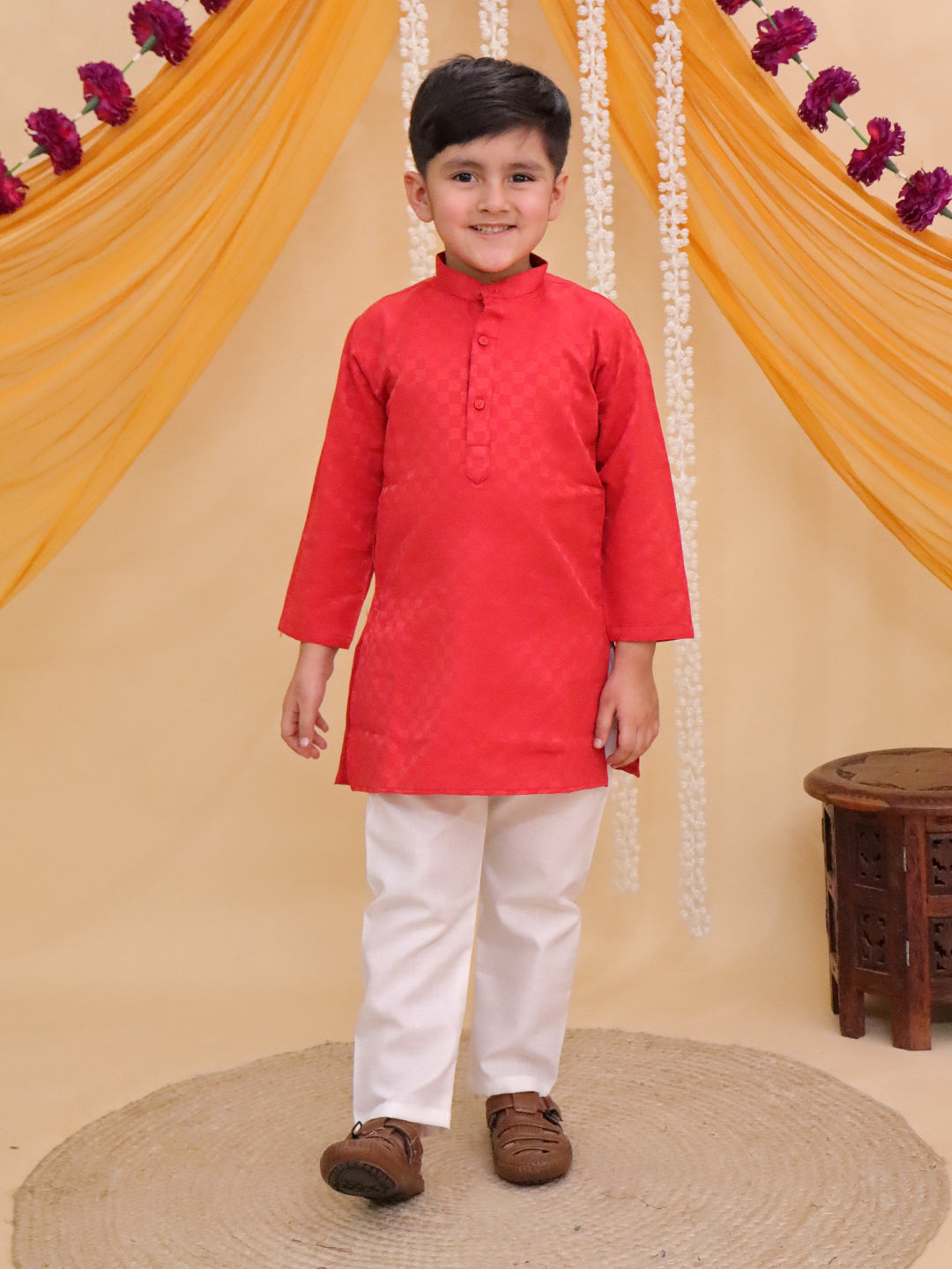 Boys Dark Orange Cotton Full sleeves Check Kurta Pyjama Set