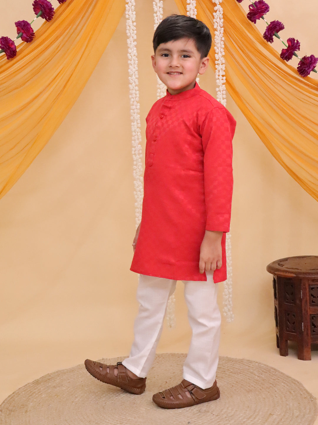 Boys Dark Orange Cotton Full sleeves Check Kurta Pyjama Set
