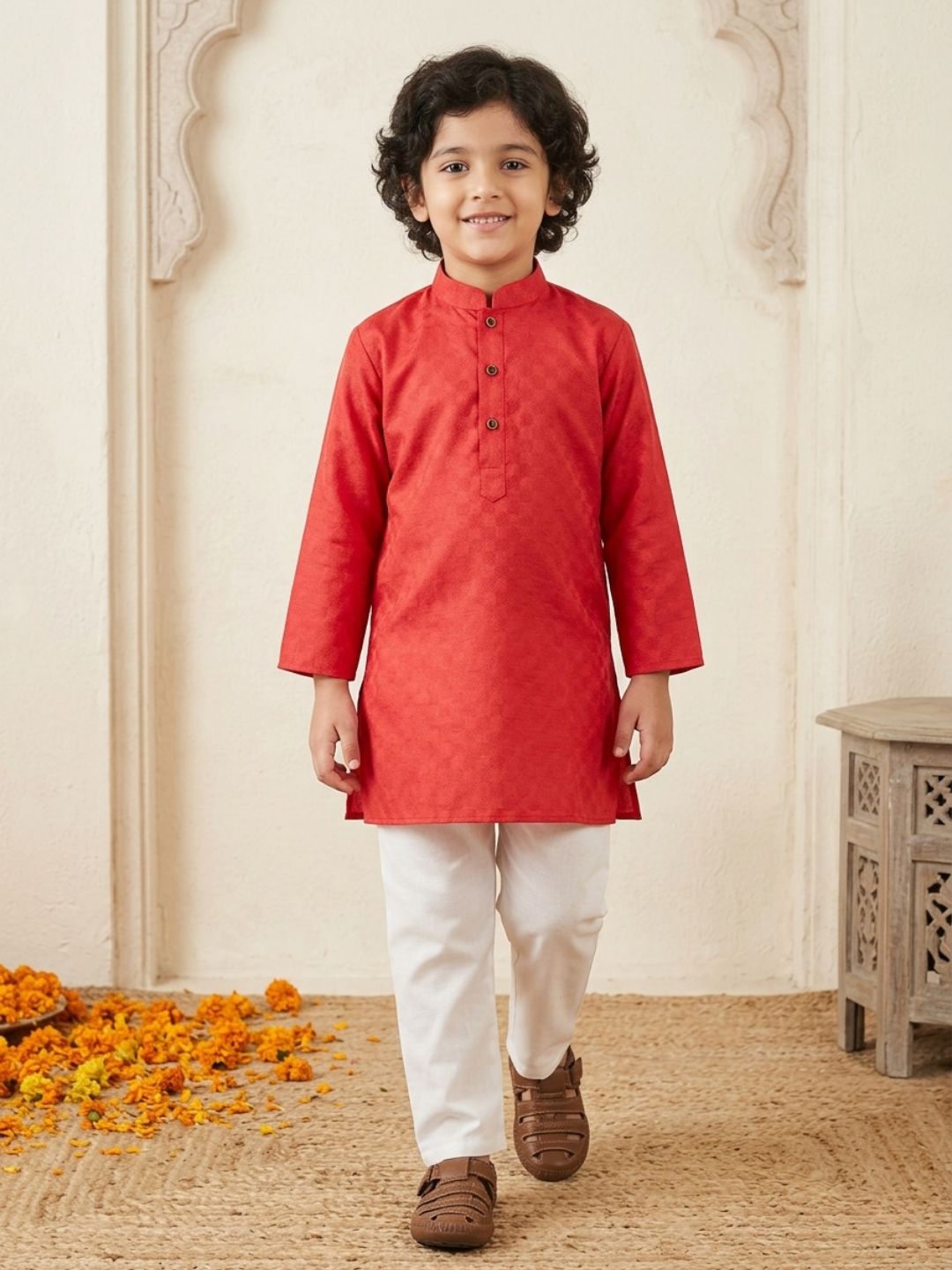Boys Dark Orange Cotton Full sleeves Check Kurta Pyjama Set