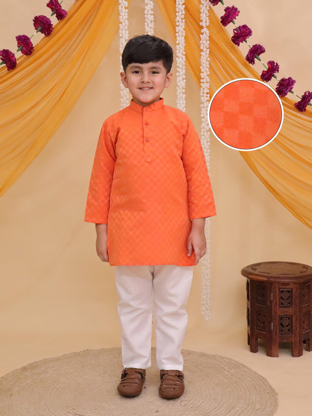 Boys Orange Cotton Full sleeves Check Kurta Pyjama Set