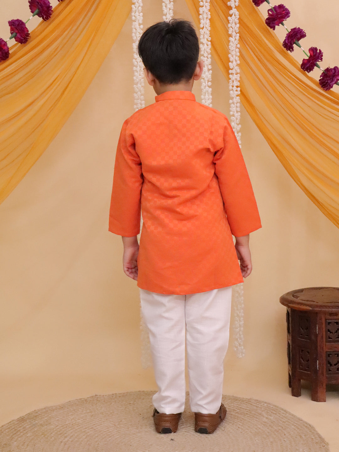 Boys Orange Cotton Full sleeves Check Kurta Pyjama Set