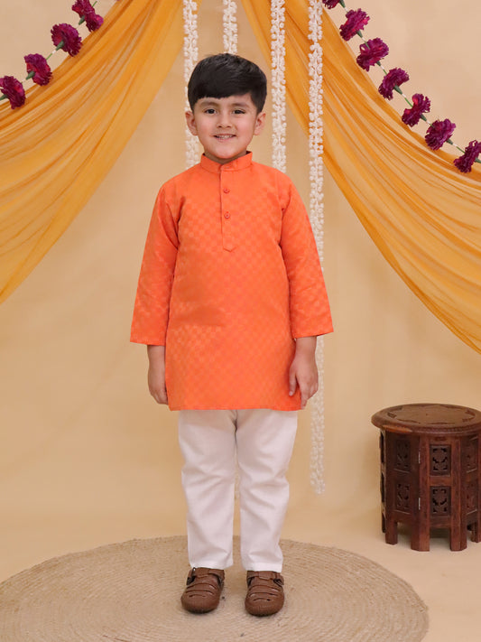Boys Orange Cotton Full sleeves Check Kurta Pyjama Set