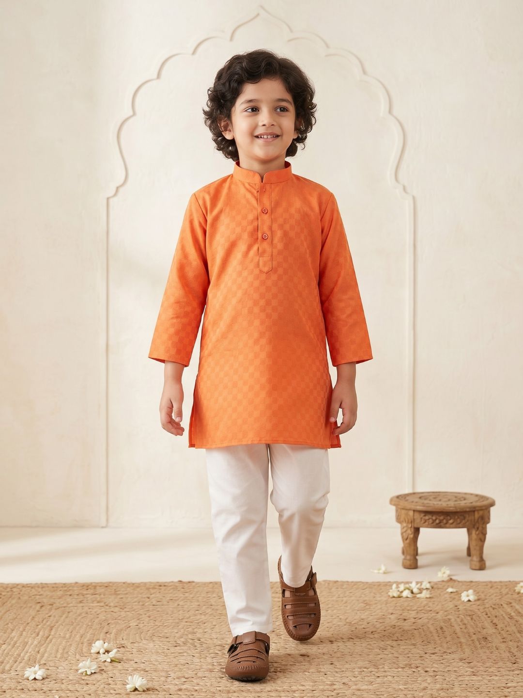 Boys Orange Cotton Full sleeves Check Kurta Pyjama Set
