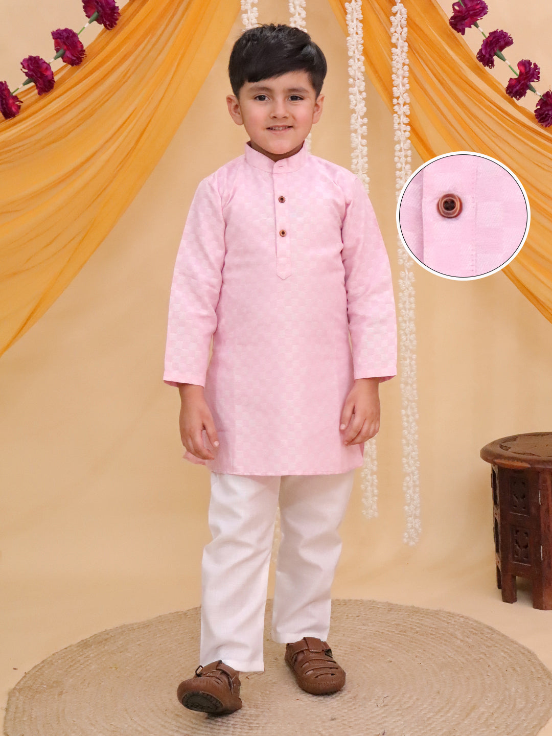 Boys Pink Cotton Full sleeves Check Kurta Pyjama Set