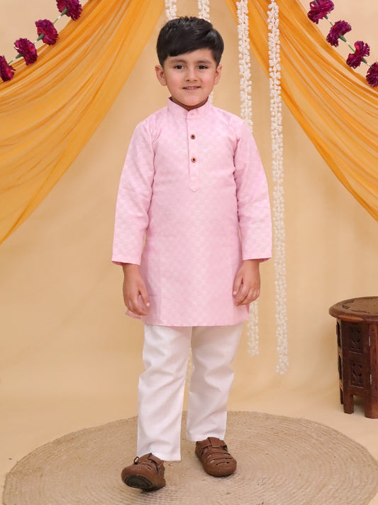 Boys Pink Cotton Full sleeves Check Kurta Pyjama Set