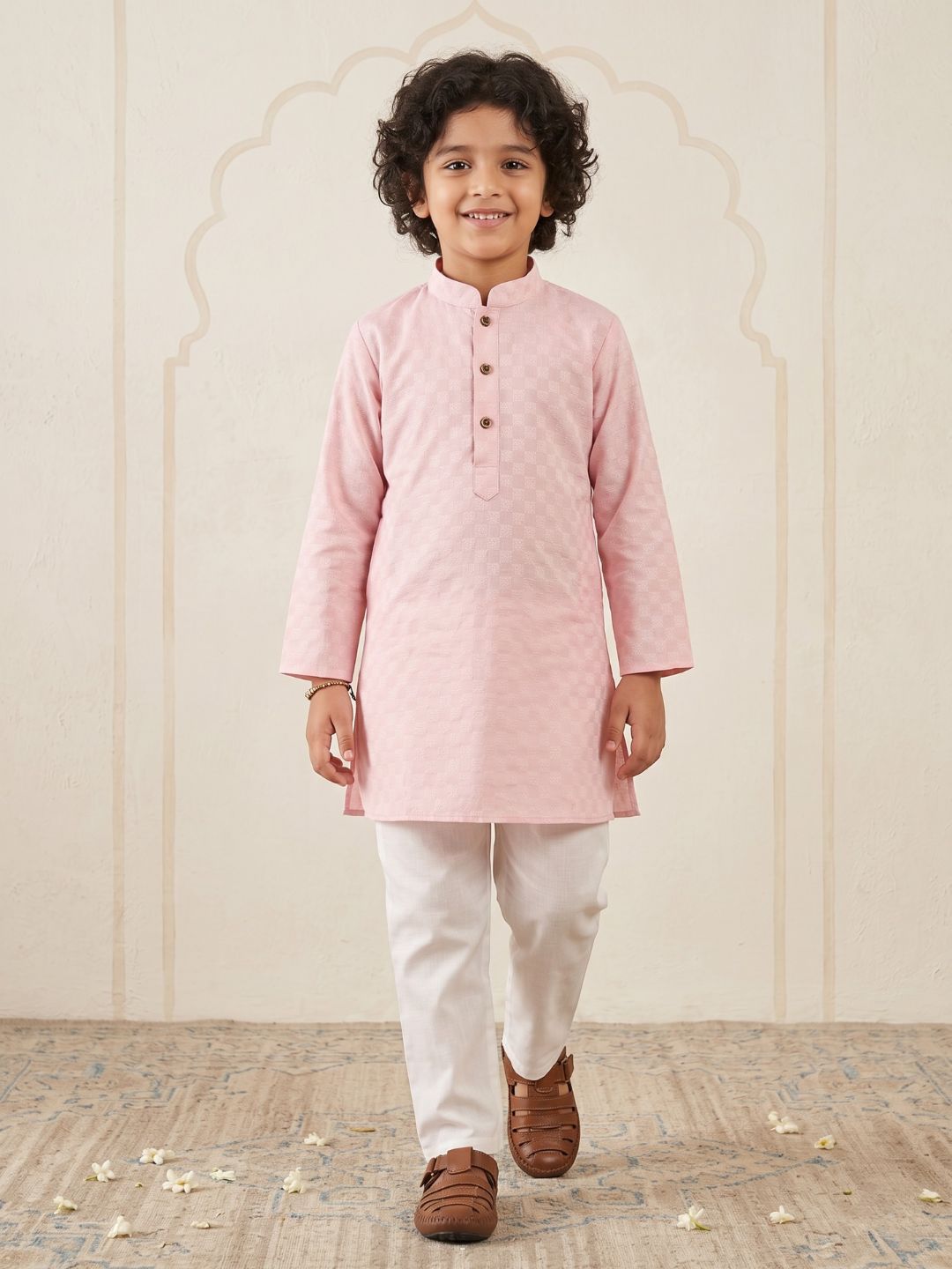 Boys Pink Cotton Full sleeves Check Kurta Pyjama Set