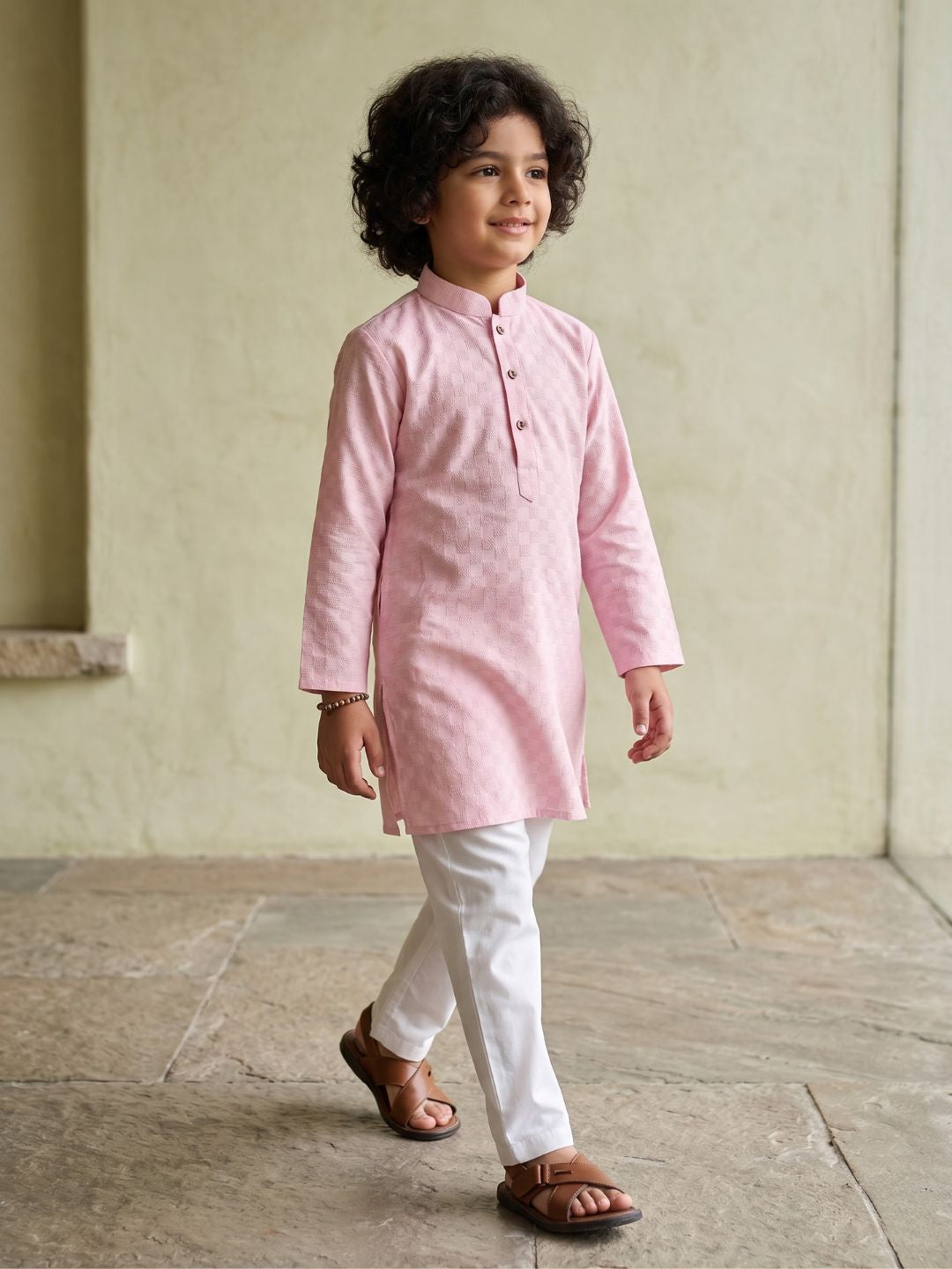 Boys Pink Cotton Full sleeves Check Kurta Pyjama Set