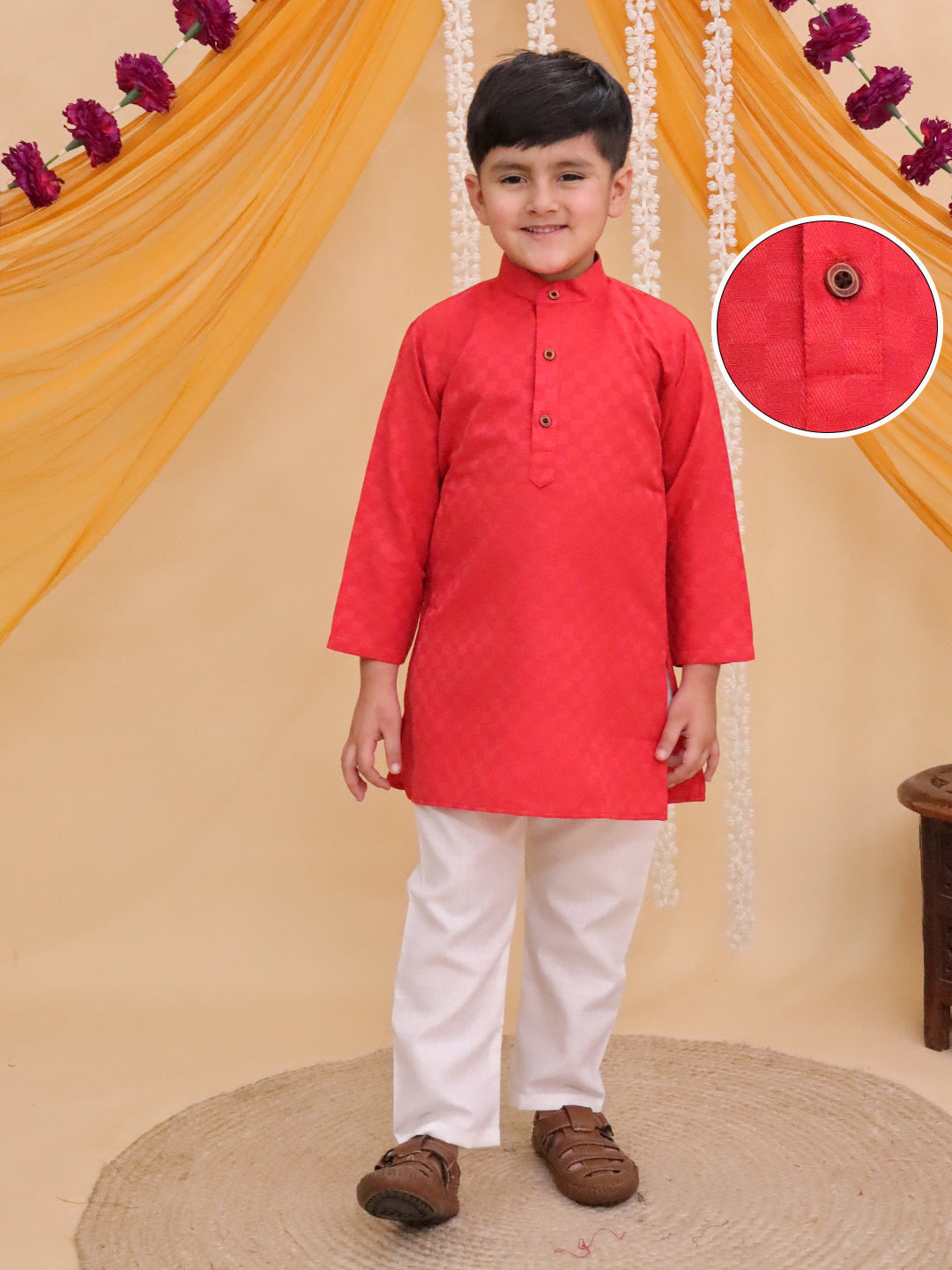 Boys Red Cotton Full sleeves Check Kurta Pyjama Set