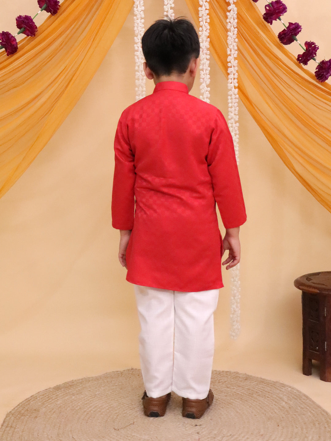 Boys Red Cotton Full sleeves Check Kurta Pyjama Set