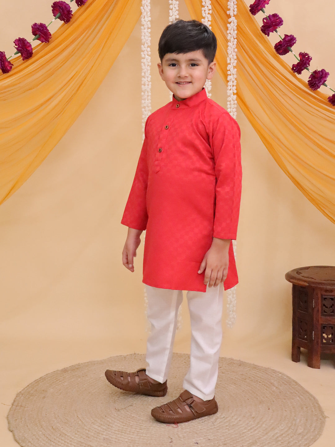 Boys Red Cotton Full sleeves Check Kurta Pyjama Set