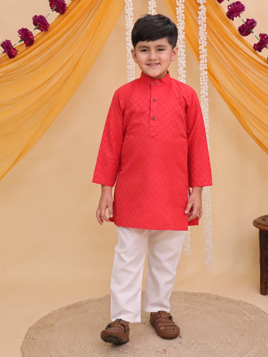 Boys Red Cotton Full sleeves Check Kurta Pyjama Set