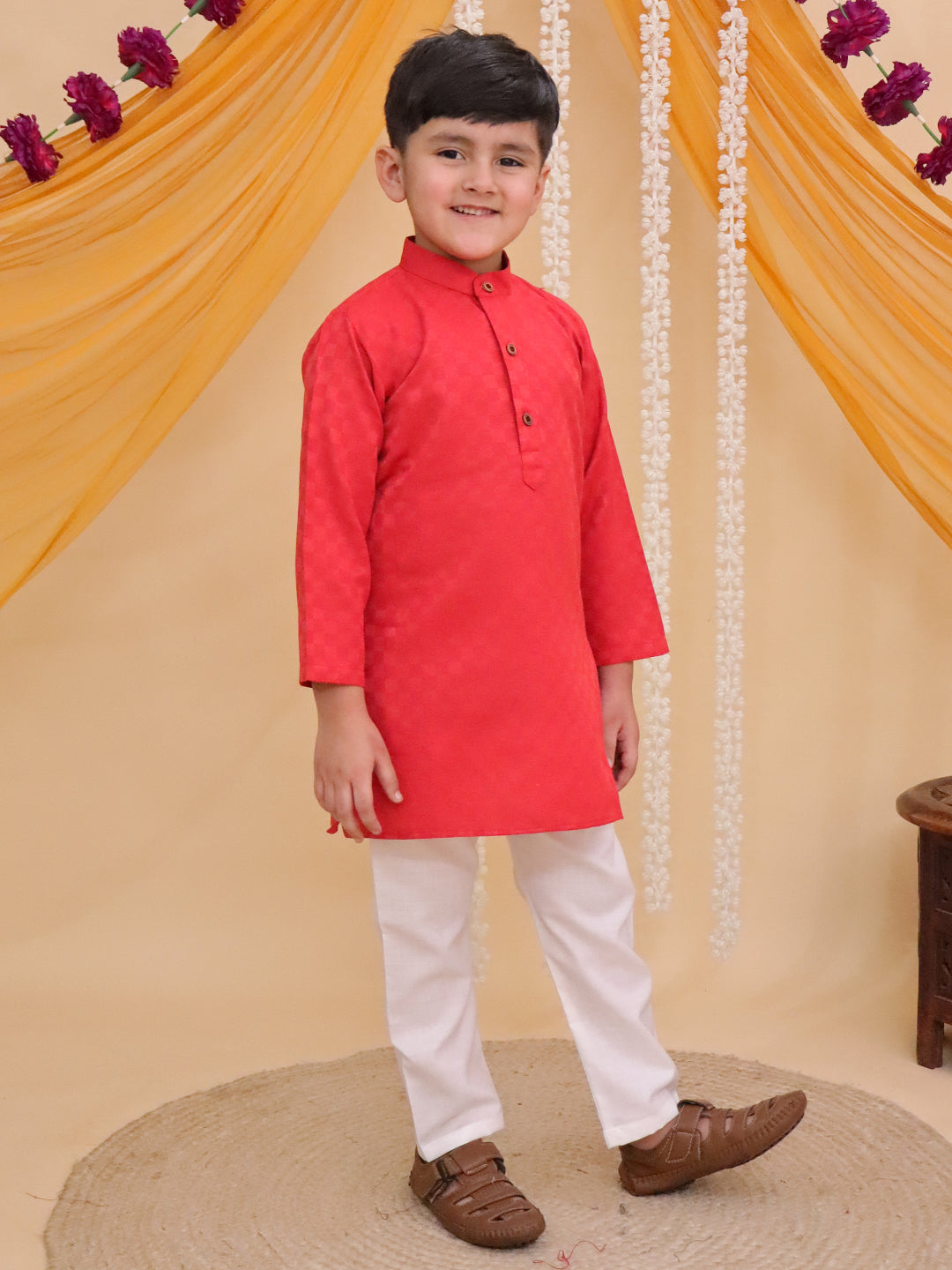Boys Red Cotton Full sleeves Check Kurta Pyjama Set