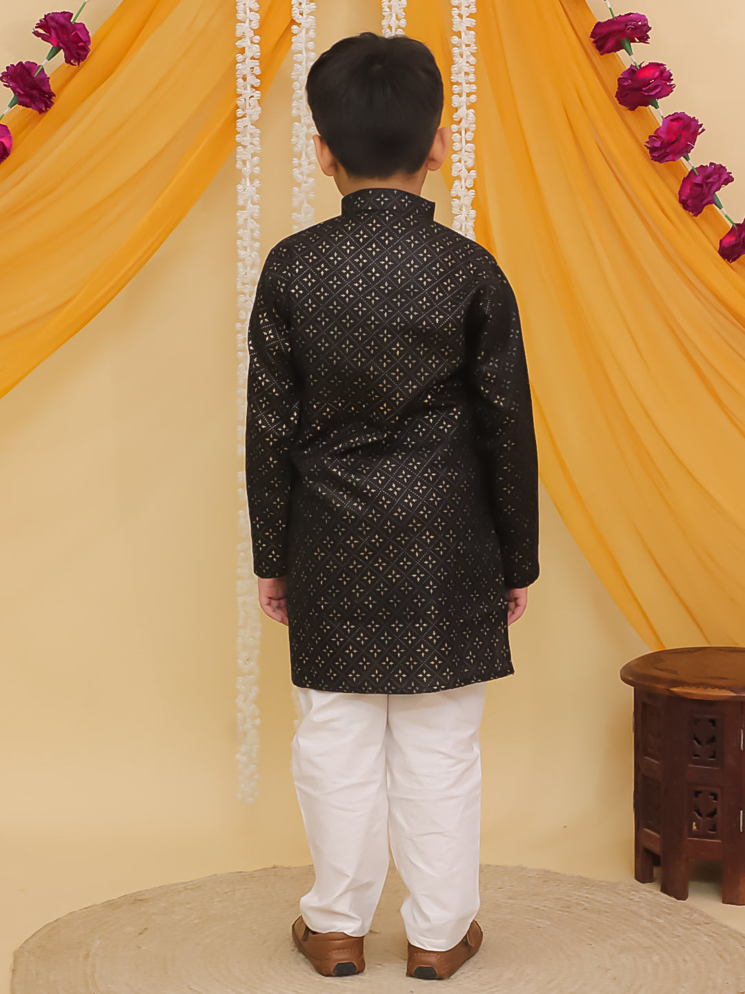 Boys Black Cotton Full sleeves Foil Printed Kurta Pyjama Set