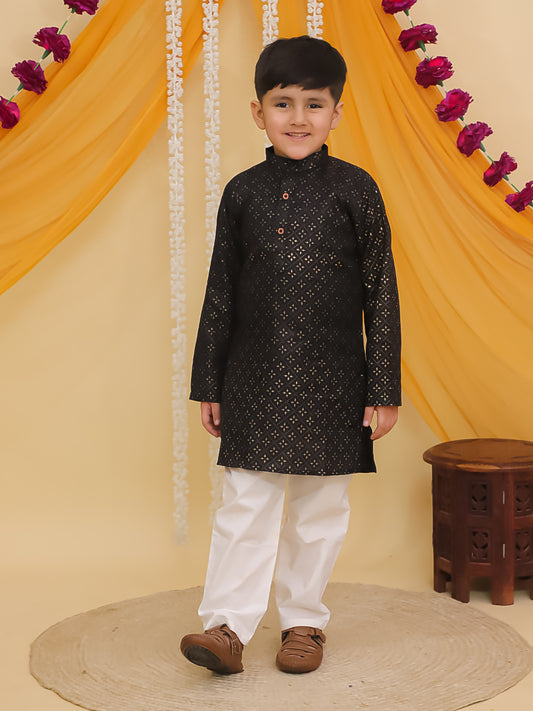 Boys Black Cotton Full sleeves Foil Printed Kurta Pyjama Set