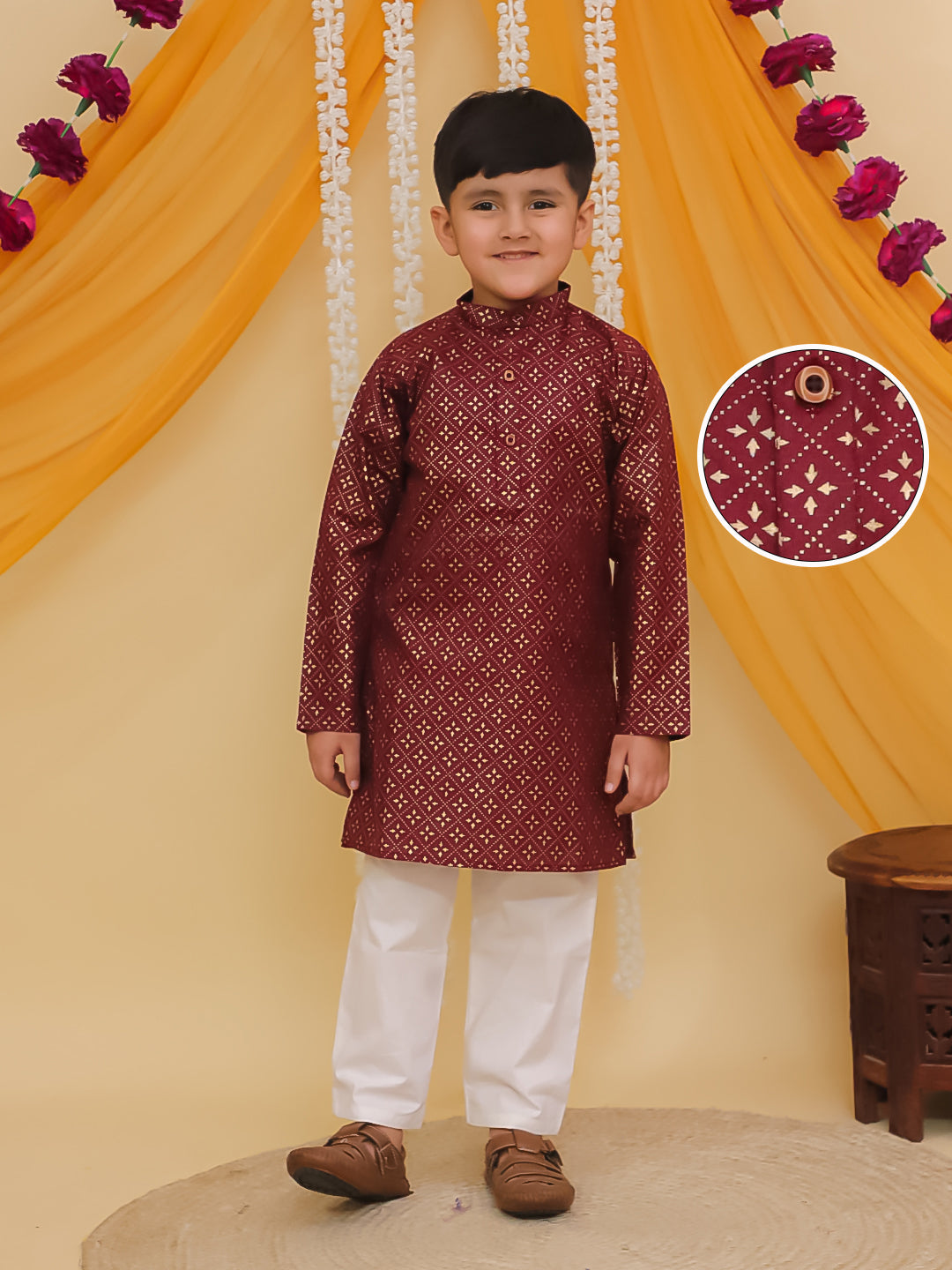 Boys Maroon Cotton Full sleeves Foil Printed Kurta Pyjama Set