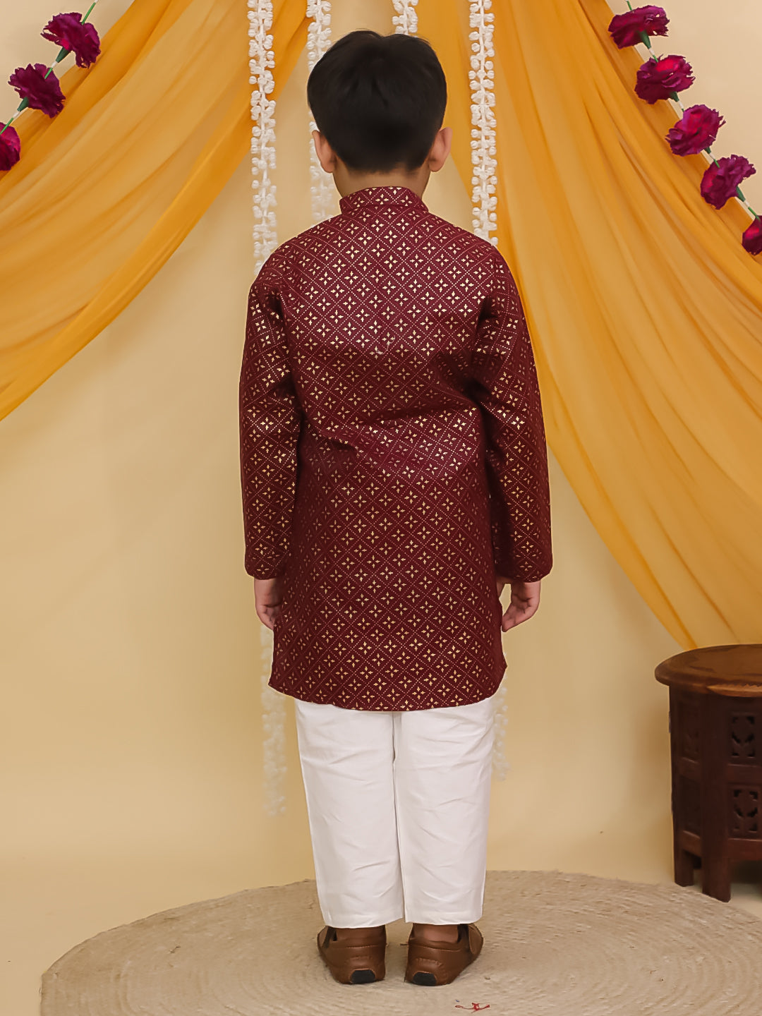 Boys Maroon Cotton Full sleeves Foil Printed Kurta Pyjama Set