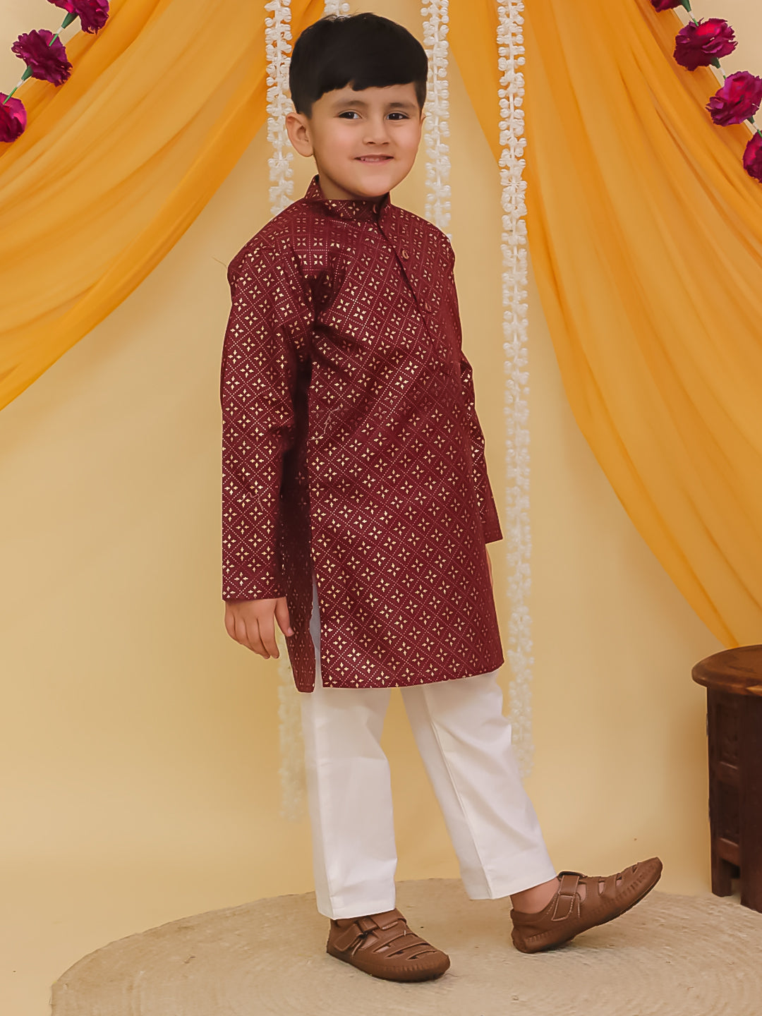 Boys Maroon Cotton Full sleeves Foil Printed Kurta Pyjama Set
