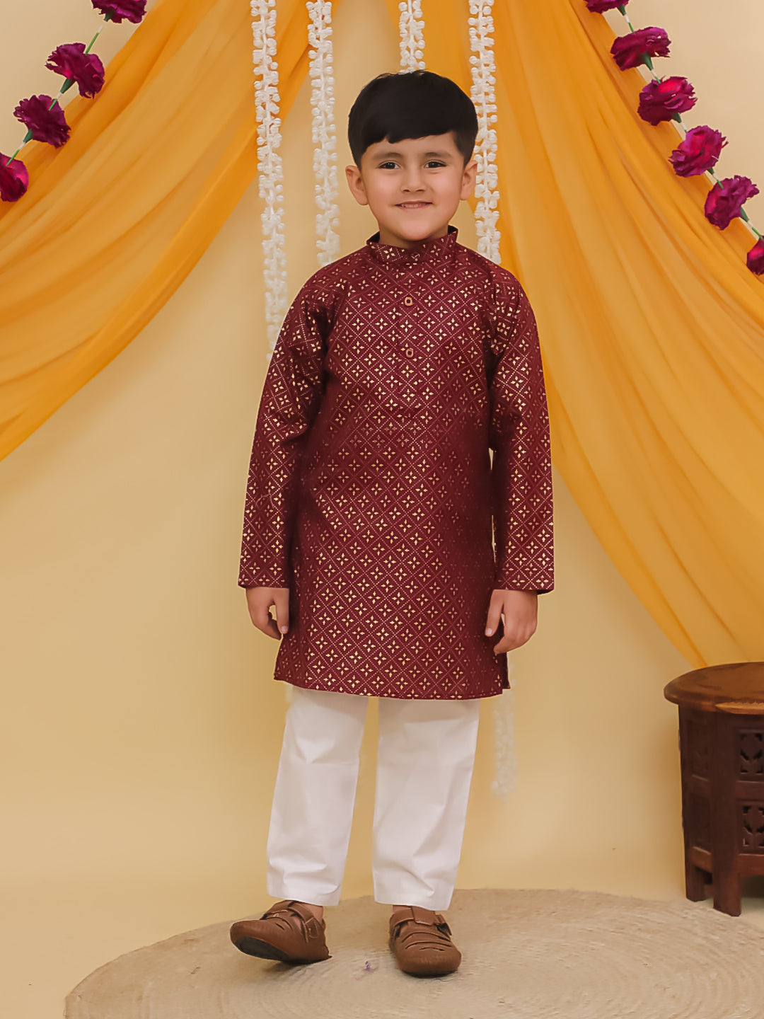 Boys Maroon Cotton Full sleeves Foil Printed Kurta Pyjama Set