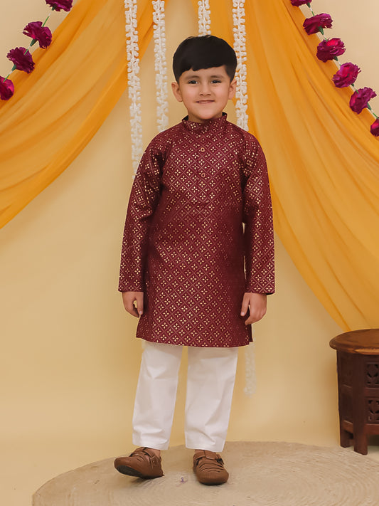 Boys Maroon Cotton Full sleeves Foil Printed Kurta Pyjama Set