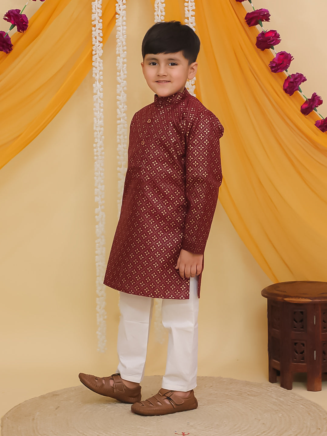 Boys Maroon Cotton Full sleeves Foil Printed Kurta Pyjama Set
