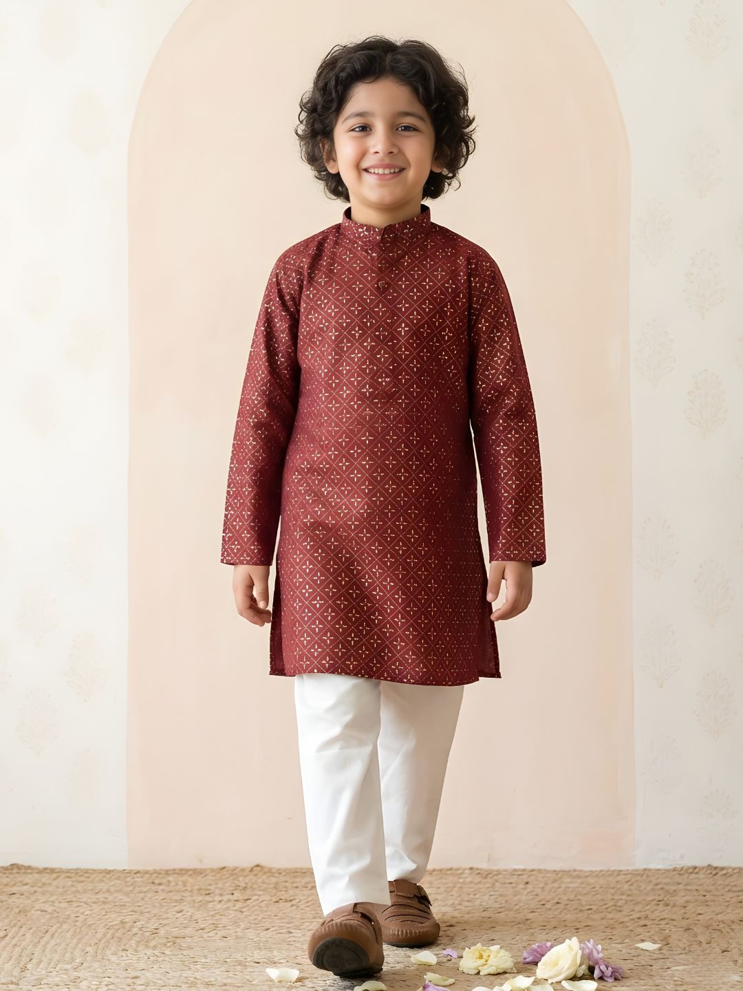 Boys Maroon Cotton Full sleeves Foil Printed Kurta Pyjama Set