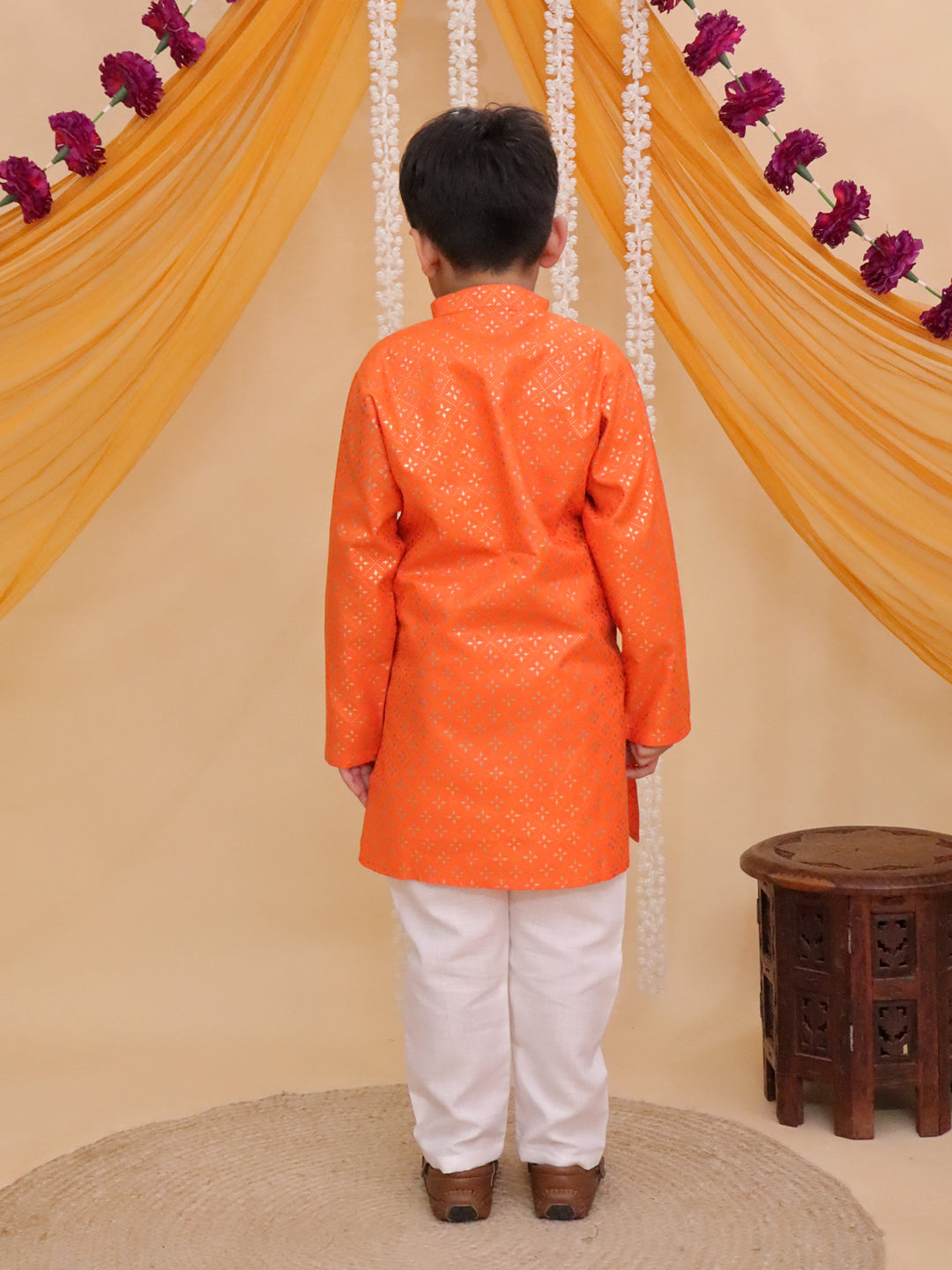 Orange Cotton Full sleeves Foil Printed Kurta Pyjama Set