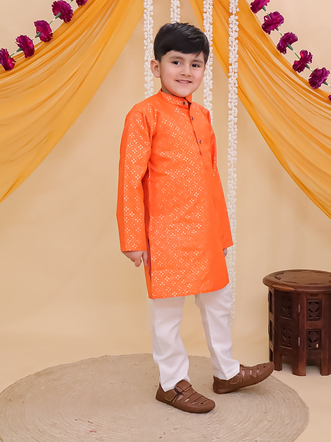 Orange Cotton Full sleeves Foil Printed Kurta Pyjama Set