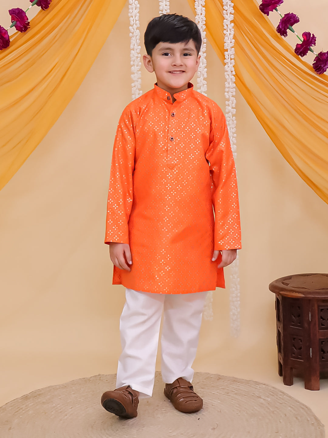 Orange Cotton Full sleeves Foil Printed Kurta Pyjama Set