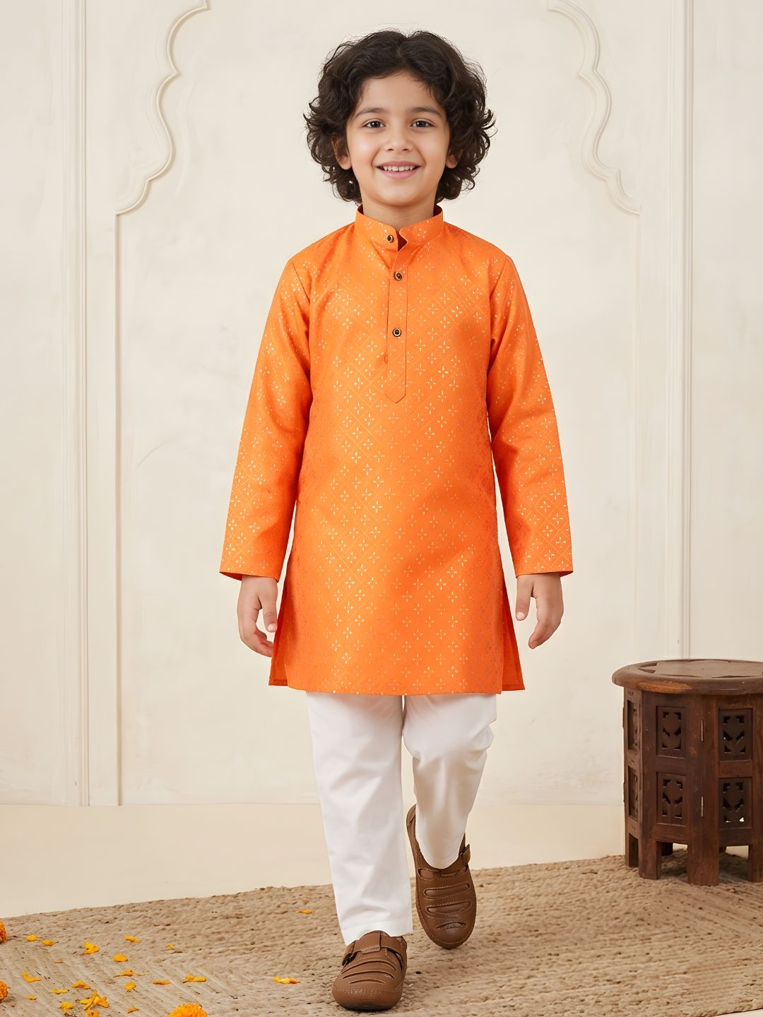 Orange Cotton Full sleeves Foil Printed Kurta Pyjama Set