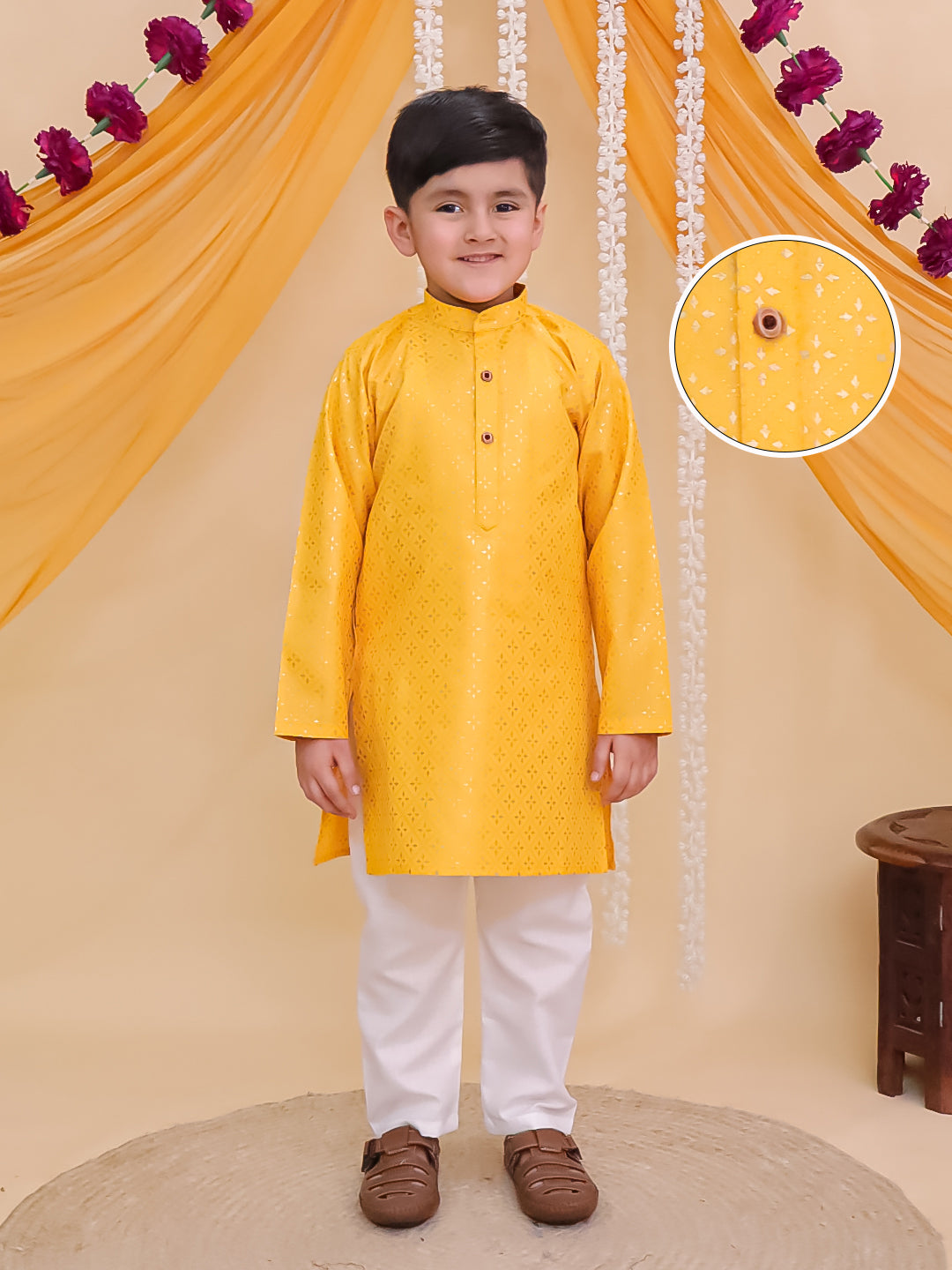 AJ Dezines Yellow Cotton Full sleeves Foil Printed Kurta Pyjama Set