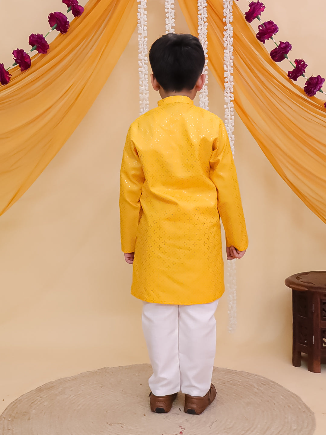 Yellow Cotton Full sleeves Foil Printed Kurta Pyjama Set