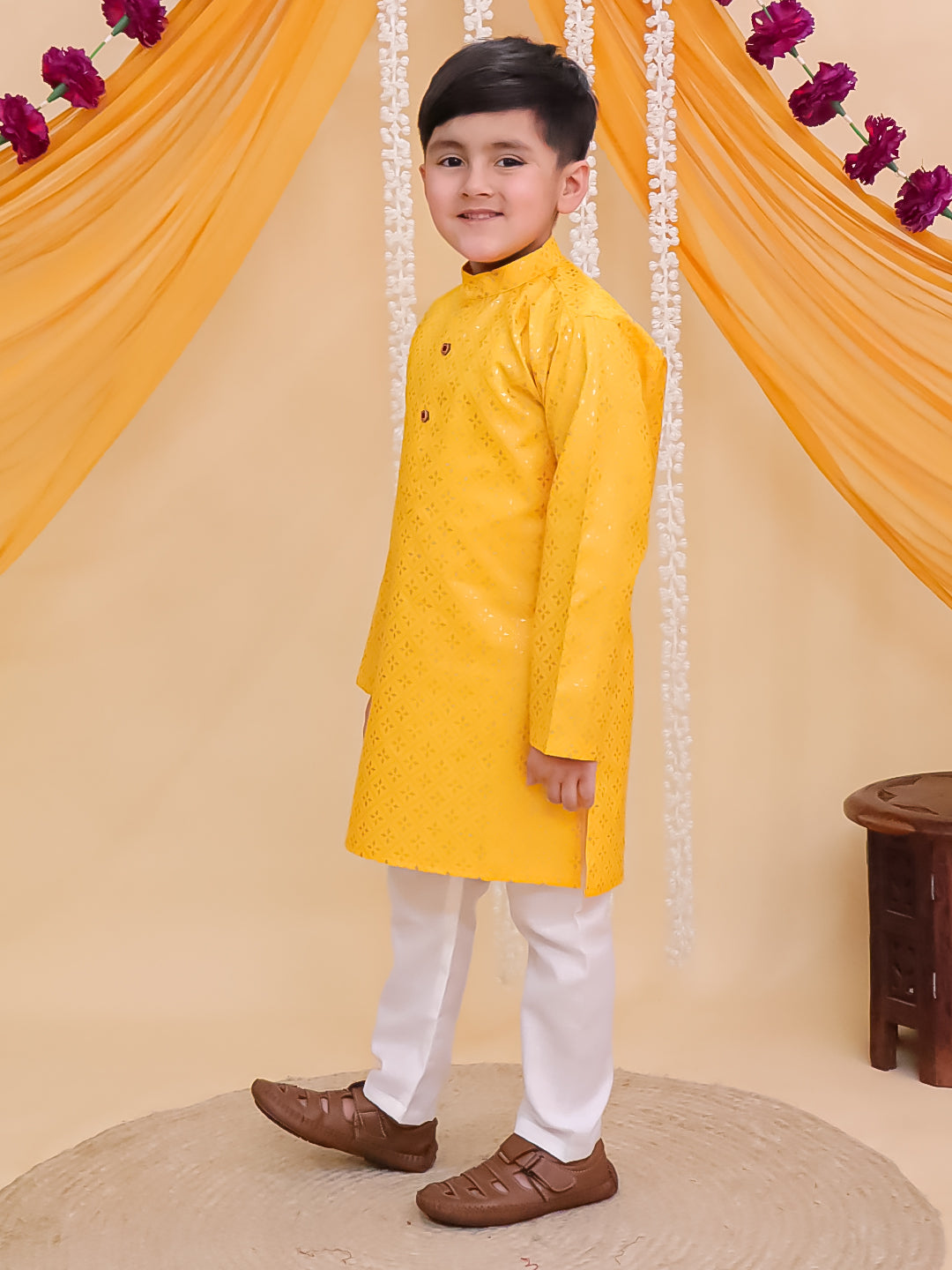 Yellow Cotton Full sleeves Foil Printed Kurta Pyjama Set