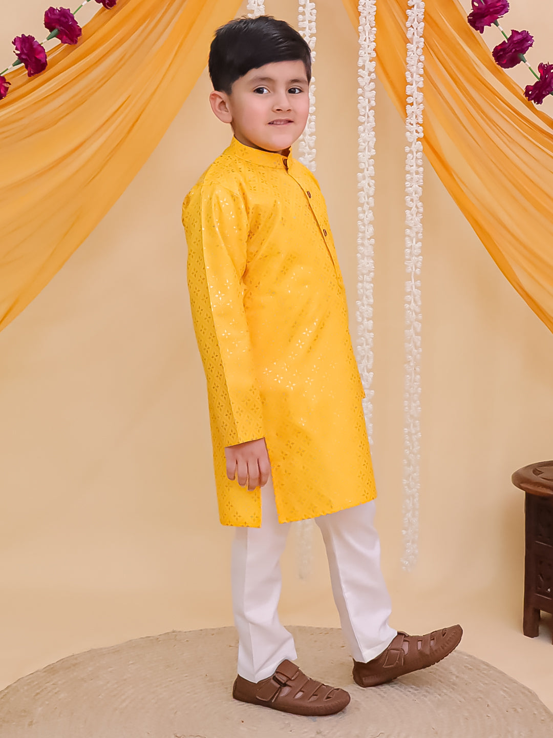 Yellow Cotton Full sleeves Foil Printed Kurta Pyjama Set
