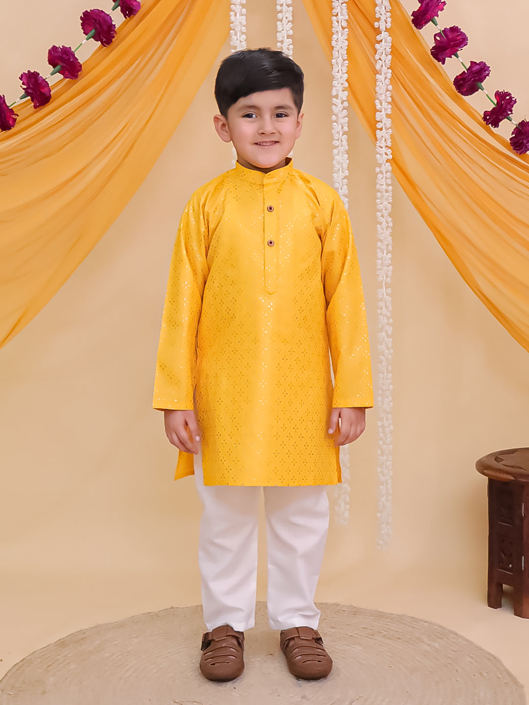Yellow Cotton Full sleeves Foil Printed Kurta Pyjama Set