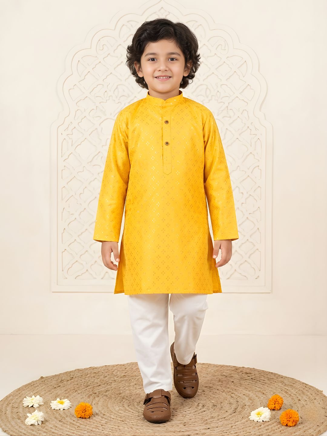 Yellow Cotton Full sleeves Foil Printed Kurta Pyjama Set