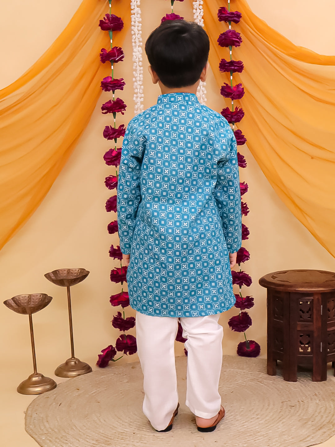 Boys Blue Cotton Full Sleeves Printed Kurta Pyjama Set