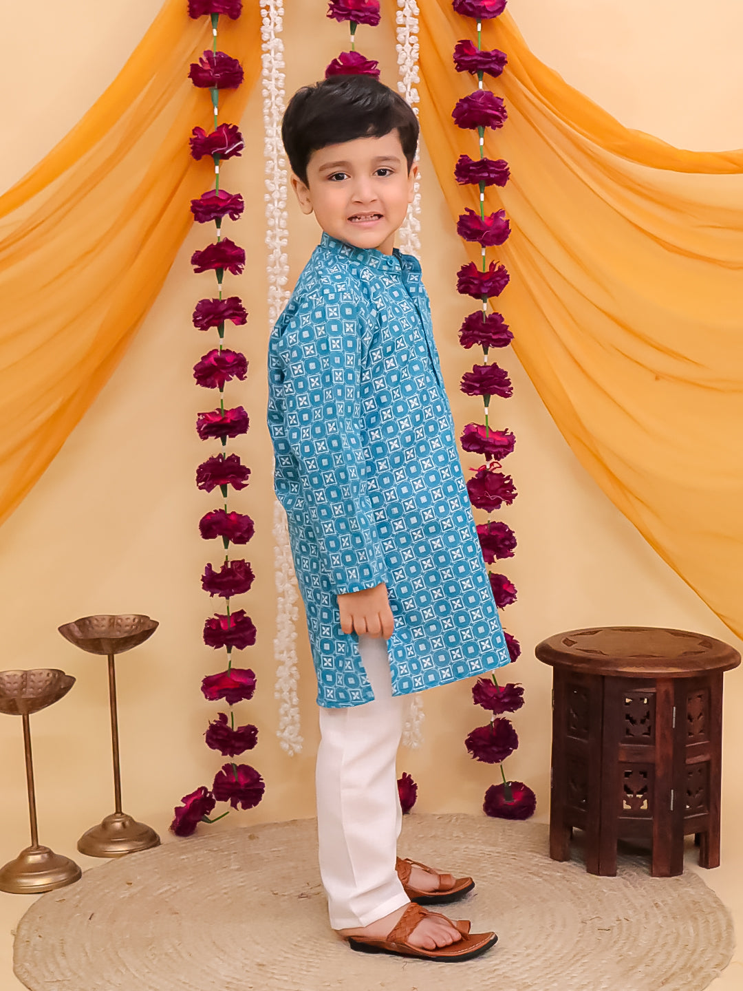 Boys Blue Cotton Full Sleeves Printed Kurta Pyjama Set