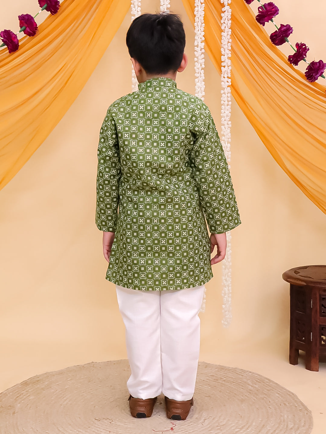 Boys Green Cotton Full Sleeves Printed Kurta Pyjama Set