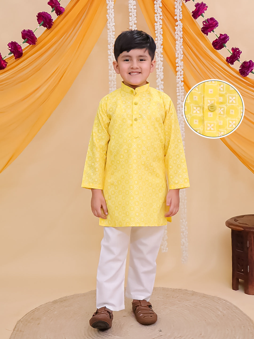 Boys Yellow Cotton Full sleeves Printed Kurta Pyjama Set